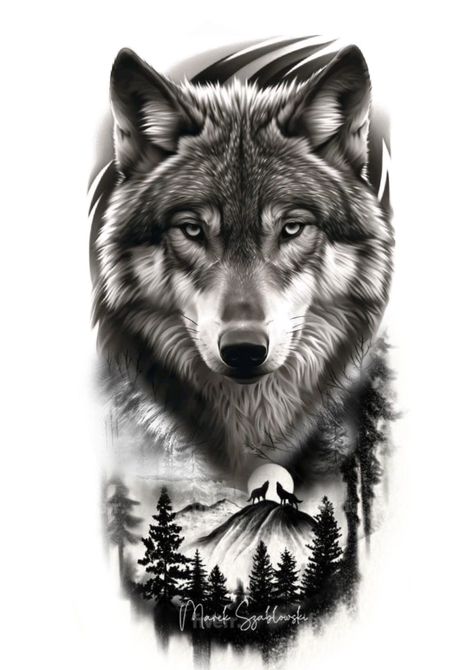 Wolf Calf Tattoo Men, Forest Wolf Tattoo, Wolf And Woods Tattoo, Wolf Woods Tattoo, Grey Wolf Tattoo, Wolf Forest Tattoo Design, Wolf In Forest Tattoo, Buddha Tattoo Sleeve, Calf Tattoo Men