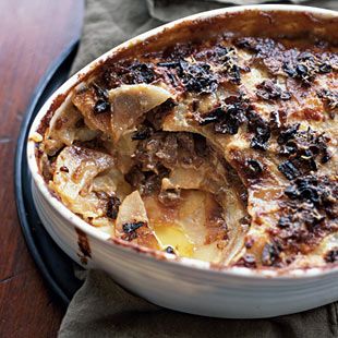 Potato Gratin with Porcini Mushrooms and Mascarpone Cheese - Bon Appétit Marscapone Cheese, Mascarpone Recipes, Delicious Sides, Specialty Food Store, Gratin Dish, Potato Gratin, Porcini Mushrooms, Mascarpone Cheese, Specialty Foods