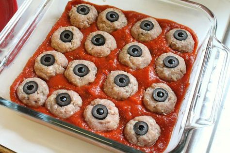 Bloody Eyeballs | Blogged here ~ Blogger, LiveJournal. | Tiffany Harvey | Flickr Witch Appetizers, Spooky Meatballs, Witch Themed Food, Halloween Meatballs, Halloween Dinners, Keto Halloween, Witches Party, Witch Brooms, Halloween Potluck