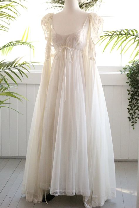 Nightgown Robe, Peignoir Sets, Most Beautiful Dresses, Empire Waistline, Women's Nightgowns, Gowns With Sleeves, Chiffon Skirt, Nightgowns, Puffy Sleeves