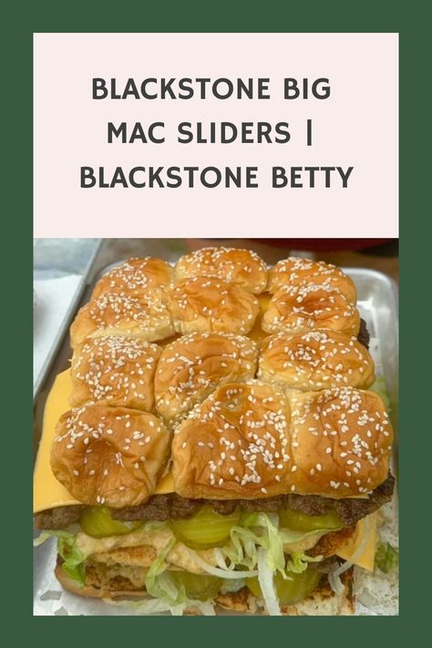 Blackstone Big Mac Sliders, grilled patties, layered cheese, lettuce, pickles, onions, special sauce, all sandwiched between toasted buns. Sliders On The Blackstone, Blackstone Slider Recipes, Blackstone Sliders, Blackstone Betty Recipes, Blackstone Betty, Big Mac Sliders, Pickles Onions, Hamburger Sliders, Hawaiian Roll Sliders