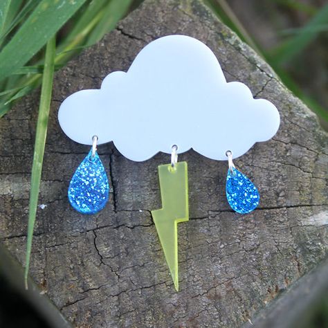 Storm Cloud Brooch Plastic Fou, Shrinky Dink Jewelry, Shrink Plastic Jewelry, Cloud Earrings, Shrink Art, Quirky Earrings, Laser Cut Jewelry, Funky Earrings, Shrink Plastic