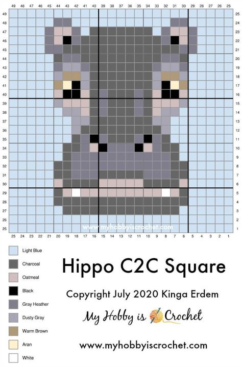 Hippo Pixel Art, Hippo Cross Stitch, Crochet Pattern Graph, Crochet C2c Pattern, C2c Graph, Corner To Corner Crochet, Pixel Crochet, Tapestry Crochet Patterns, Corner To Corner