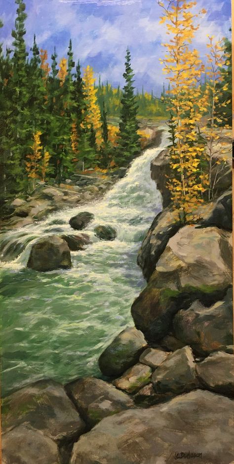 "Title: Rocky Stream Colorado Size: 12x24 Material: Oil on primed canvas Media: traditional oil paint on linen board stretched canvas, protected by a coat of UV-archival varnish. This painting is of a rocky stream in the Rocky Mountain National Park. This painting is 100% original and hand painted by me from scratch using only the finest materials. Please contact me if you need a special size and I can give you a quote Frame: frame is NOT included but this panel is intended to be mounted in a fr Mountain Rocks Painting, Rocky Mountain National Park Painting, Rocky Cliff Painting, Painting Of Rocks On Canvas, Big Nature Painting, Mountain Stream Painting, Rocky Mountains Painting, Mountain Waterfall Painting, Paintings Landscape Nature