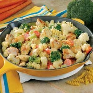 Chicken Pasta Primavera Pasta Da Vinci Recipe, Pasta Primavera Recipes, Chicken Primavera Pasta, Chicken Primavera, Pasta Primavera Recipe, Square Recipes, Pasta Primavera, Sauteed Chicken, Taste Of Home