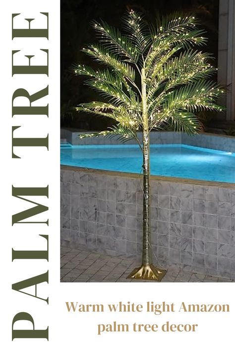 7ft palm tree with warm white LED lights for pool or patio. Bring the ambiance of a five star resort to your outdoor space. #palmtree #beachvibes #resort #palmtreedecor #patiodecor #luxurypatio #poolparty #pooldecor #palmtreepool #luxuryresort #lightedpalmtree Pool Patio Decor, Palm Tree Christmas, Tree For Christmas, Palm Tree Decorations, Beach Patio, Yard Party, Pool Decor, Indoor Decoration, Warm White Light