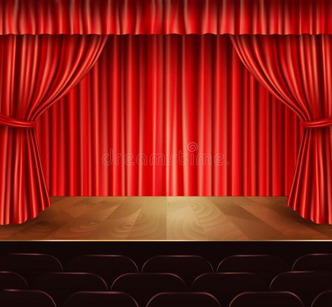 Photo about Theater stage with seats red velvet open retro style curtain background vector illustration. Illustration of image, spotlight, premiere - 47460127 Stage Background Design, Curtain Background, Stairs Covering, Curtains Vector, Theater Stage, Theatre Curtains, Theatre Pictures, White Stairs, Stage Curtains