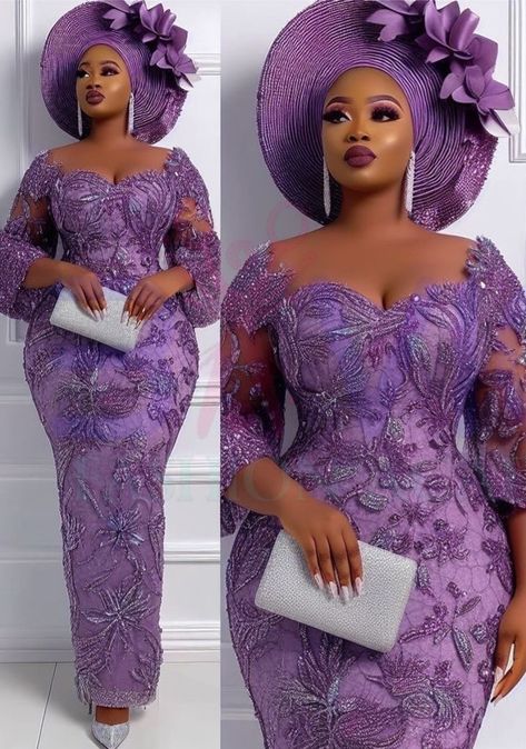 Onion Purple Lace Asoebi Styles, Owanbe Styles For Lace, Lace Styles For Wedding Guest, Lace Styles Asoebi, Cord Lace Gown Styles, Lace Gown Styles Aso Ebi, Asoebi Styles Lace, Lace Styles For Wedding, Nigerian Lace Dress