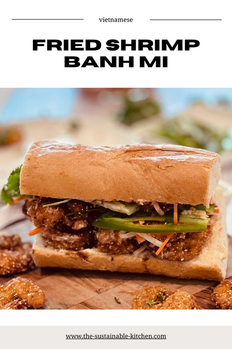 This Vietnamese banh mi has cornmeal encrusted fried shrimp, drizzled with Vietnamese caramel fish sauce, pickled carrots and daikon, jalapeños, cinlantro all a crusty baguette with aioli spread. Shrimp Banh Mi, Pickled Carrots And Daikon, Banh Mi Recipe, Vietnamese Banh Mi, Asian Seasoning, Noodle Shop, Vietnamese Sandwich, Pho Noodles, Bahn Mi