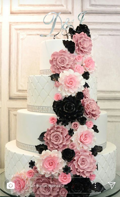 Blush Pink And Black Wedding Cake, Light Pink And Black Wedding Theme, Pink And Black Quinceanera Decorations, Black And Pink Quinceanera Theme, Black And Pink Wedding Ideas, Pink And Black Wedding Cake, Blush Pink And Black Wedding, Black And Pink Wedding, Blush Pink Wedding Cake