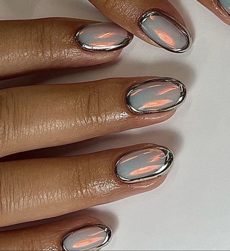 Basic Short Nail Designs, Silver Ombré Nails, Short Cat Eye Nails, Short Sns Nails, Eclectic Nails, Brat Nails, Reflective Nails, Mens Nails, Wow Nails