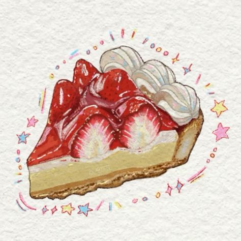 Cake Drawing Watercolor, Red Food Drawing, How To Draw Whipped Cream, Frosting Drawing, Whipped Cream Drawing, Food To Draw, Strawberry Cake Drawing, Cake Drawing Aesthetic, Sweets Drawing