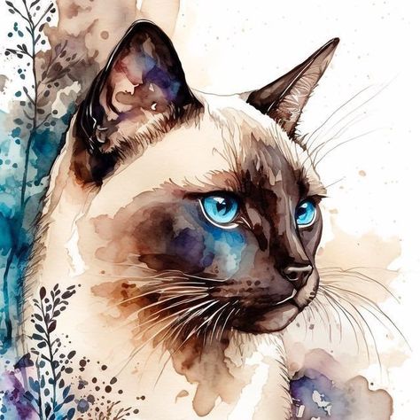 Siamese Cat Painting, Siamese Cat Tattoos, Watercolour Cats, Siamese Cat Art, Cat Spirit, Cats Art Drawing, Embroidery Wall Art, Animal Portraits Art, Tiger Art