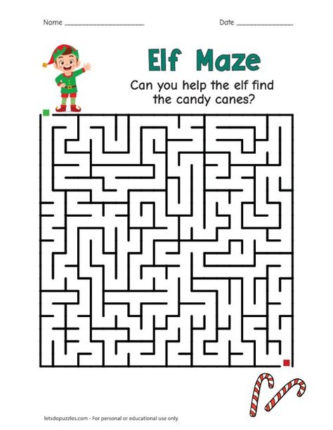 Free Printable Elf Maze for Kids Christmas Maze Printable, Christmas Pdf Printables Free, Printable Mazes For Kids Free, Christmas Mazes For Kids Free Printables, Advent Worksheets, Christmas School Party, Mazes Printable, Kids Mazes, Christmas Crossword Puzzles