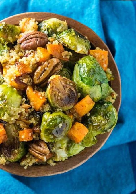 Sprouts Brussel, Raw Brussel Sprouts, Fall Quinoa, Sprouting Sweet Potatoes, Apple Cider Vinaigrette, Cider Vinaigrette, Quinoa Sweet Potato, Roasted Sprouts, Fall Recipes Healthy