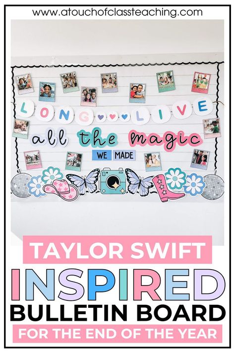 If you are a swiftie teacher, then you are going to love this Taylor Swift inspired bulletin board for the end of the year! It is a great addition to a Taylor swift classroom or if you just know that your students are T. Swift obsessed! Mom Bulletin Board Ideas, Back To School Bulletin Boards Taylor Swift, Eras Classroom Decor, Bulletin Board Taylor Swift, Swiftie Bulletin Board, You Make The Whole Class Shimmer Bulletin Board, Taylor Swift Teacher Door, Eras Tour Classroom, Taylor Swift Teacher Quotes