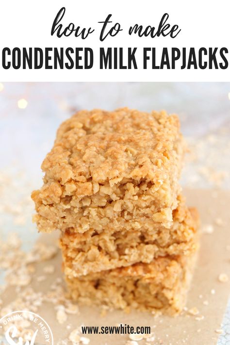 These condensed milk flapjacks are the delicious, soft and chewy kind of flapjacks we all want when we make flapjacks at home. I use this recipe for every type of flapjack I would need. Party flapjacks, Christmas flapjacks, Easter flapjacks or even I'm hungry and I'd love a flapjack, flapjack. Make Condensed Milk, Easy Flapjacks, Flapjacks Recipe, Traybake Cake, Flapjack Recipe, Easy Cakes, Uk Recipes, Condensed Milk Recipes, Dessert Boxes