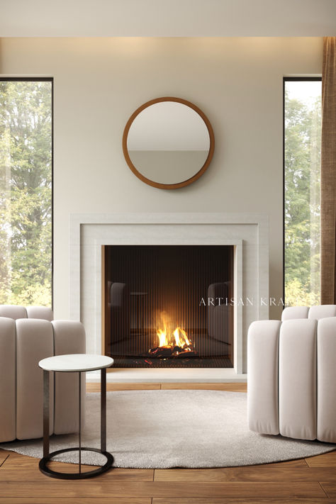 Modern Contemporary Fireplace Mantel Idea made from limestone cast stone by Artisan Kraft in a French style transitional living room. Simple Stone Fireplace Surround, Modern Two Story Fireplace, Modern Cast Stone Fireplace, Modern Contemporary Fireplace, Contemporary Fireplace Mantels, Fireplace Mantel Ideas, Fireplace Renovation, Two Story Fireplace, Cast Stone Mantel