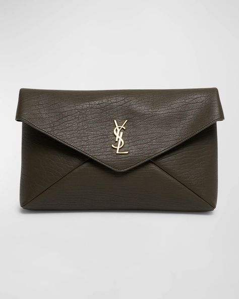 Saint Laurent Large YSL Envelope Pouch Clutch Bag in Leather | Neiman Marcus Saint Laurent Pouch, Ysl Pouch, Ysl Envelope, Envelope Pouch, Leather Envelope, Sisley Paris, Bronze Hardware, Bag Light, Saint Laurent Bag