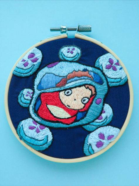 Decorate your space with this unique handmade Ponyo in jellyfish embroidery hoop- super cute for a blue themed nursery or just anywhere in the home! This hoop took 30 hours to complete. Studio Ghibli Embroidery, Ghibli Embroidery, Ponyo Studio Ghibli, Jellyfish Embroidery, Studio Ghibli Crafts, Sewing Machine Embroidery, Hand Embroidery Videos, Diy Embroidery Patterns, Embroidery Videos