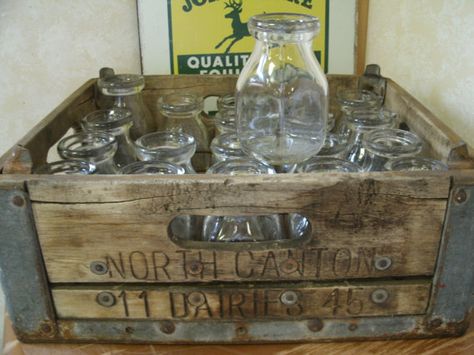 Milk crate with 20 half pint milk bottles  North by iluvjewelz, $65.00 Vintage Milk Bottles, Milk Crate, Milk Crates, Fort Smith, Half Pint, Milk Bottles, Wood Case, Milk Bottle, Old Wood