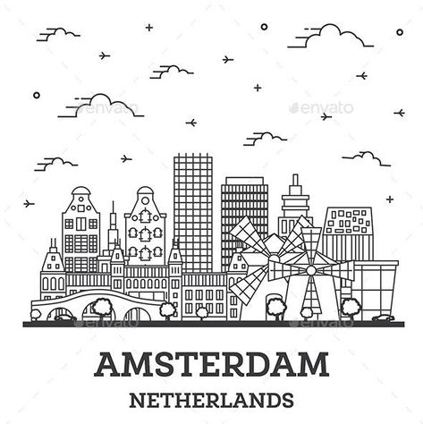 Outline Amsterdam Netherlands City Skyline with Historic Buildings Isolated on White. Amsterdam Outline, Instagram Outline, Netherlands City, City Outline, Amsterdam Skyline, City Skyline Silhouette, Outline Drawing, Amsterdam City, Iconic Buildings