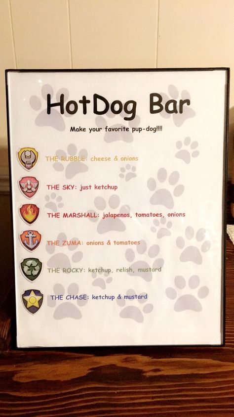 Hot dog Bar menu for Paw Patrol Themed Birthday. Hot Dog Bar Menu, Hot Dog Bar, Puppy Birthday Parties, Popcorn Bar, Paw Patrol Birthday Party, Paw Patrol Party, Puppy Birthday, Paw Patrol Birthday, Dino Party