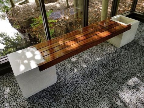 Modern Bench Outdoor, Wood Bench Outdoor, Concrete Bench, Concrete Furniture, Yard Design, Stained Wood, Garden Seating, Wood Bench, Backyard Patio Designs