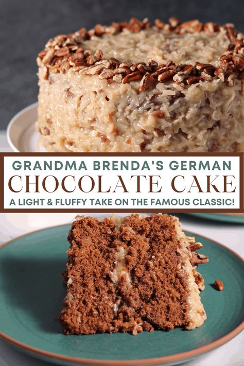 You may have had German Chocolate cake before, but you haven't had my Grandma Brenda's take on the classic. It's a light and fluffy, melt-in-your-mouth, way too tasty sweet treat. Try it out for yourself! Click here for the recipe. German Chocolate Cake Traditional, Grandmas German Chocolate Cake, German Chocolate Cake With Box Cake, German Choc Cake Recipe, Easy German Chocolate Cake Boxes Recipe, Moist German Chocolate Cake From Scratch, Bakers German Chocolate Cake Recipe, Old Fashioned German Chocolate Cake, German Chocolate Cake Easy