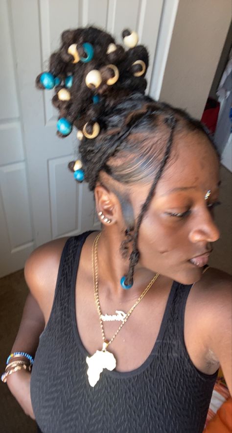 2 Buns With Locs, Messy Loc Bun Styles, Beads With Locs, Locs Hairstyles With Beads, Beaded Locs Styles, Beads On Dreads Locs, Messy Loc Styles, Beads On Locs Styles, Loc Hairstyles With Beads