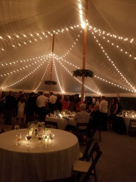 Wedding Tent Twinkle Lights, Backyard Tent Wedding Reception Dance Floors, Wedding Tent Lighting Night, Backyard Wedding Reception Tent Lighting Ideas, Backyard Wedding Reception Tent, Edison Bulb Wedding, Backyard Night, Tent Reception Lighting, Wedding Tent Lighting