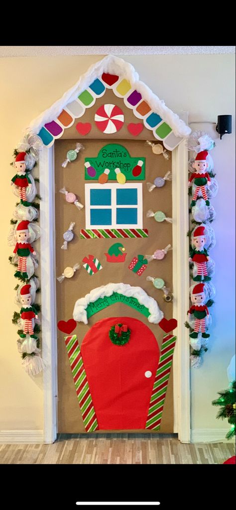 Santas Workshop Classroom Door Ideas, Santa’s Workshop Door Decorating, Elf Themed Door Decorations, Santa's Workshop Door Decorations, Santa’s Workshop Classroom Door, Santa Workshop Door Decorations, North Pole Door Decorations For School, Santas Workshop Door Decoration, Elf On The Shelf Door Decoration