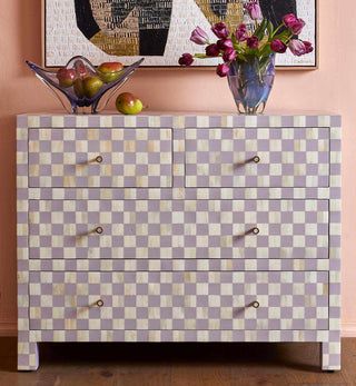 Bone Inlay 4-drawer Checkerboard Commode In Lilac Inlay Nightstand, Bone Inlay Nightstand, Antique Knobs, Statement Vase, Beeswax Polish, Dresser Table, Bone Inlay Furniture, Inlay Furniture, Checker Board