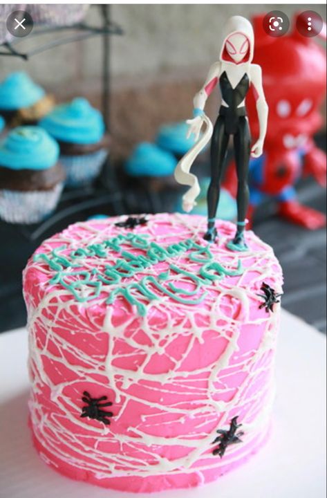 Gwen Birthday Party, Gwen Stacy Birthday Party, Spider Gwen Birthday Cake, Ghost Spider Cupcakes, Gwen Stacy Cake, Ghost Spidey Birthday Cake, Spider Gwen Birthday, Ghost Spider Birthday Party Decorations, Spidey Ghost Spider Birthday