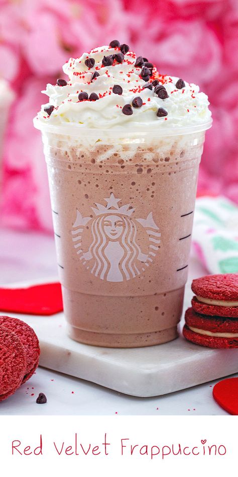 Red Velvet Frappuccino {Starbucks Copycat} -- The Red Velvet Frappuccino is a Starbucks secret menu item made with a mixture of mocha Frappuccino and white chocolate mocha Frappuccino with raspberry syrup mixed in. This sweet copycat version is easy to make at home and perfect to share with your loved ones this Valentine's Day! via @wearenotmartha Coconut Daiquiri, Copycat Starbucks Drinks, Vanilla Frappuccino, Frappuccino Starbucks, Menu Drink, Starbucks Drink Menu, Starbucks Fall Drinks, Apple Brown Sugar, Shaken Espresso