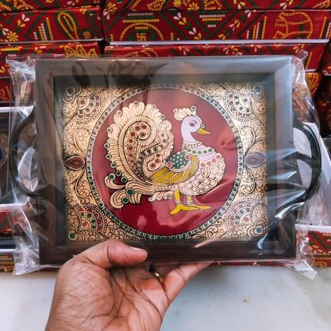 **Trays** **New designs** Reverse glass painting (acrylic sheet/fiber glass) Size : 6 x 8 inches Price : Rs.680/- (each new design only one piece available) Shipping additional Bulk orders can be customised. Making time for two weeks. Whatsapp us on 9500124371 for orders #weddinggifts #giftitems #favourgifts #returngifttrays #giftsforbabyshower #newyeargifts #newyeargiftitems #newyearreturngifts #traditionalreturngifts #weddinggifts #weddingreturngifts #tambulagifts #Tamboolamtakeaway ... Glass Painting Acrylic, Reverse Glass Painting, New Year Gif, Return Gift, Acrylic Sheets, New Designs, Bulk Order, Make Time, New Year Gifts