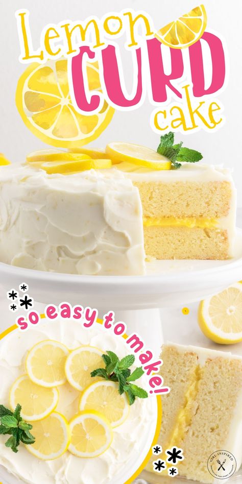 Easy lemon curd cake is bursting with fresh citrus flavors, filled with homemade tart lemon curd, and is frosted with a homemade lemon buttercream. This delicious cake is very simple to make, no fancy decorating skills are needed, and each bite is ultra moist. Easy Lemon Filling For Cake, White Cake With Lemon Curd Filling, Yellow Cakes Decoration, Lemon Cake Curd Filling, Vanilla Cake With Lemon Curd Filling, Lemon Layer Cake With Lemon Curd Filling, Lemon Cream Cheese Pie, Lemon Curd Dessert, Tart Lemon Curd