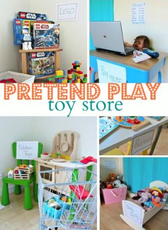 Pretend Play Toy Store - Melissa & Doug puzzles, shopping cart, play food and doll all in one fun post! Role Play Areas, Dramatic Play Preschool, Dramatic Play Area, Kids Pretend Play, Dramatic Play Centers, Play Centre, Pretend Play Toys, Play Based, Play Ideas