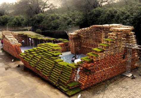 Designing for a public space in India goes beyond the aesthetics into multitude of other issues right from functions, economics, sustainability, maintenance,... Pallet House Plans, Temporary Pavilion, Recycled Building, Pallet Kids, Temporary Architecture, Pallet Shed, Raised Patio, 1001 Pallets, Pallet House