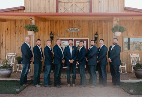 Jeans And Sports Coat Wedding, Western Wedding Groomsmen Navy Blue, Navy Jacket And Jeans Groom, Navy Blue Groomsmen Suits Cowboy Boots, Western Navy Blue Wedding, Grey Suit Jacket With Jeans Wedding, Navy Blue Suit Jacket With Jeans Wedding, Western Dusty Blue Wedding, Light Blue Western Wedding