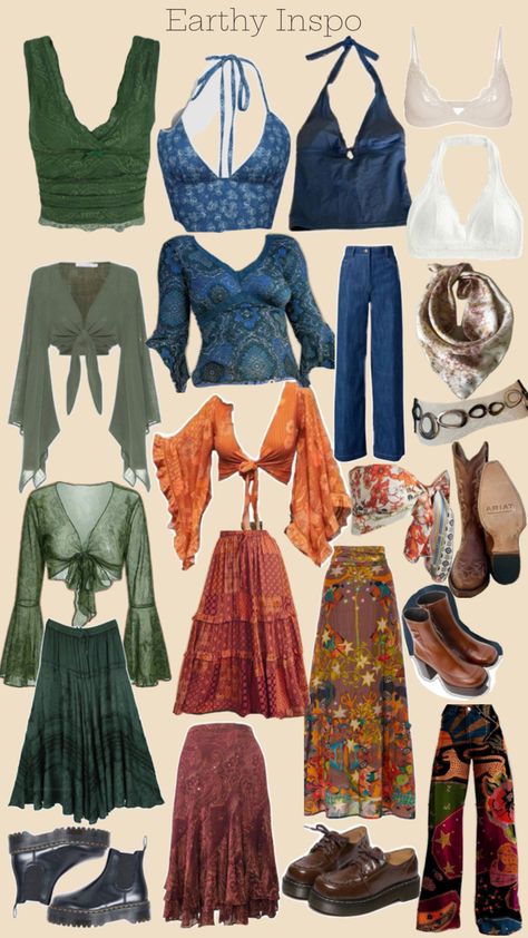 Hippie style, earthy clothes, thrift ideas Earthy Aesthetic Clothes, Earthy Hippie Outfits, Earthy Boho Outfits, Hippie Outfits Aesthetic, 70s Outfits Women, Hippy Outfits, Earthy Clothes, Hippie Outfit Inspo, Enby Outfits