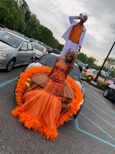 Prom Dresses Feathers, Orange Mermaid Prom Dress, Dresses Feathers, Orange Prom Dresses, Prom Couples, Black Halloween Dress, Prom Girl Dresses, Senior Prom Dresses, Girl Couple