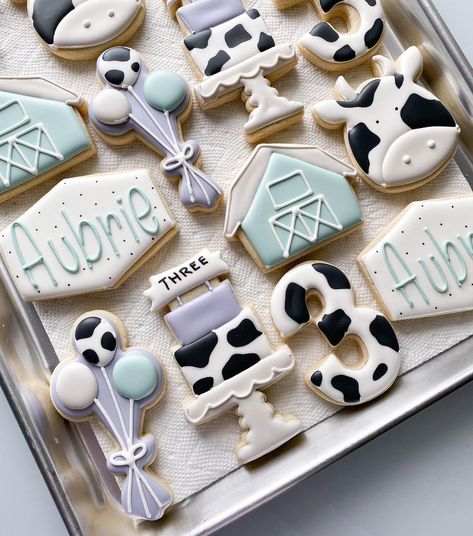 Cow Sugar Cookies Decorated, Cow Birthday Cookies, Cow Cookies Decorated, Cow Sugar Cookies, Cow Theme Birthday, Unicorn Sugar Cookies, Fondant Biscuits, Cow Cookies, Farm Cookies