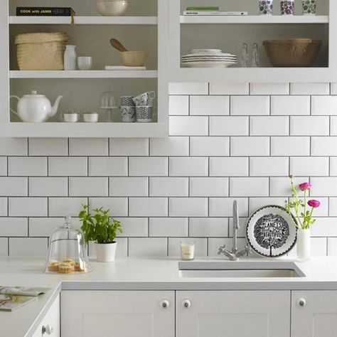 Metro White Wall Panel Grey Grout - Landscape White Tiles Grey Grout, Metro Tiles Kitchen, Bathroom Wall Coverings, Metro White, White Wall Paneling, Grey Wall Tiles, Topps Tiles, Grey Grout, White Wall Tiles