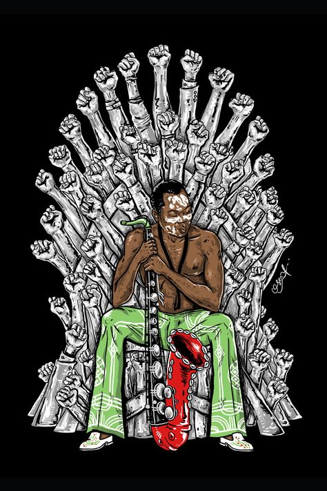 Illustration depicting Fela Kuti holding a saxophone and seated on an iron throne. Banksy Tattoo, Africa Art Design, Fela Kuti, Bob Marley Art, Sailing Art, African Paintings, Sculpture Art Clay, Book Cover Illustration, Black Art Painting