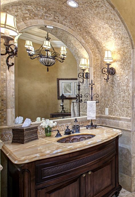 powder room Tuscan Bathroom Decor, Tuscan Bathroom, Mediterranean Home Decor, Tuscan House, Tuscan Decorating, Mediterranean Home, Dream Bathrooms, Bathroom Remodel Master, Fashion World