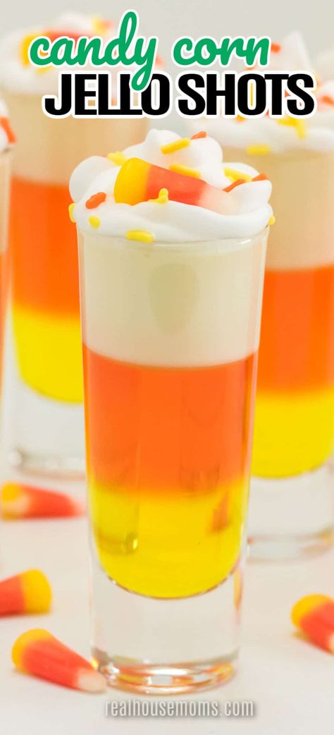 Easy Halloween Shots Alcohol, Candy Corn Jello, Orange Milkshake, Candy Corn Jello Shots, Jello Shots Vodka, Halloween Jello Shots, Jello Shots Recipe, Peach Jello, Boozy Treats