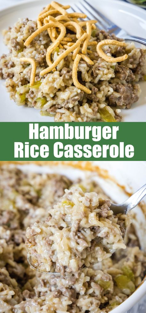 Hamburger rice casserole is an easy retro dinner recipe with fluffy rice, juicy ground beef, and veggies cooked in cream of mushroom soup! #hamburger #rice #casserole Hamburger With Cream Of Mushroom Soup, Rice And Hamburger Casserole, Cheesy Ground Beef And Rice Casserole, Rice Ground Beef Recipes, Hamburger Rice Hotdish, Rice And Ground Beef Recipes, Hamburger And Rice Recipes, Soup Hamburger, Ground Beef And Veggies