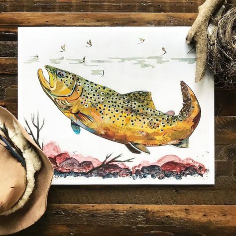 Brown Trout II Fish Art Print on Paper | Dolan Geiman Trout Swimming, Trout Painting, Dolan Geiman, Trout Art, Swimming Underwater, Fly Fishing Art, Wood Gallery Frames, Watercolor Fish, Brown Trout