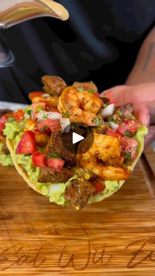 Steak & Shrimp Tostadas for the win! | Eatwitzo | Eatwitzo · Original audio Jalapeno Queso, Quesadilla Cheese, Shrimp Tostadas, Steak Shrimp, Steak And Shrimp, Surf Turf, Large Shrimp, Ingredient List, Roma Tomatoes